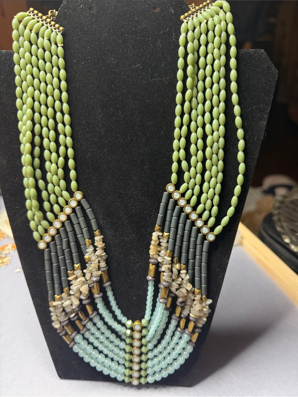 Retired Lia Sophia “Goddess” Multi-Strand Light Green and Aqua Beaded Necklace